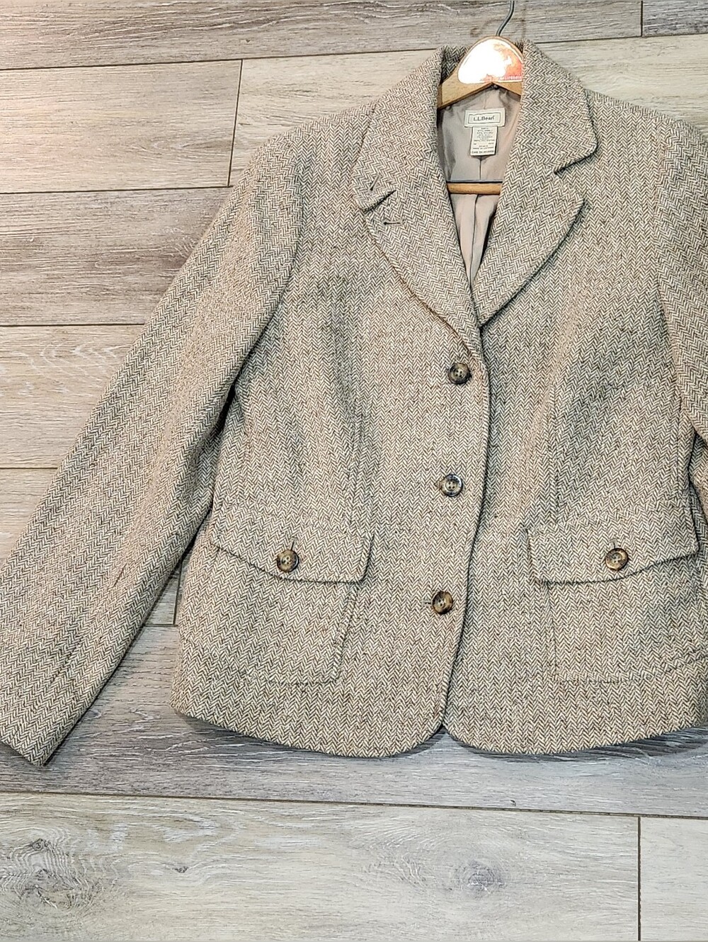 L.L. Bean Vintage Women's Tweed Blazer in Heathered Beige Wool Silk Blend Size M